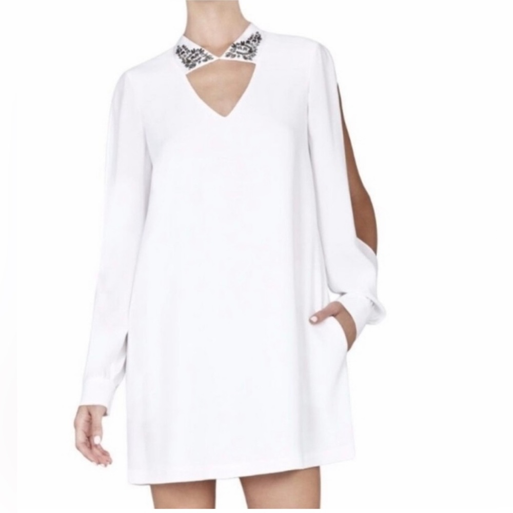BCBG MAX AZRIA Irena White Crepe Rhinestone Shift Dress XS